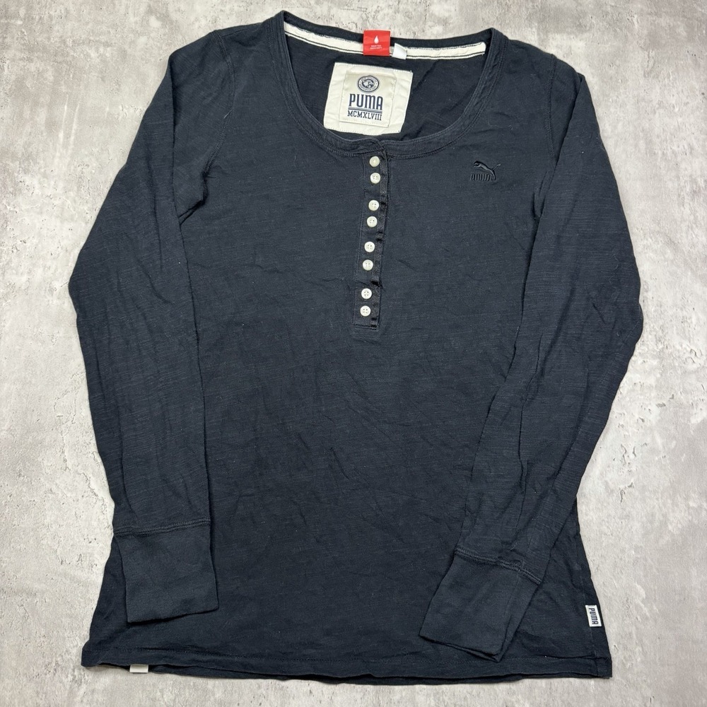 PUMA Women's Black Henley Long Sleeve Shirt Button Size M Vintage